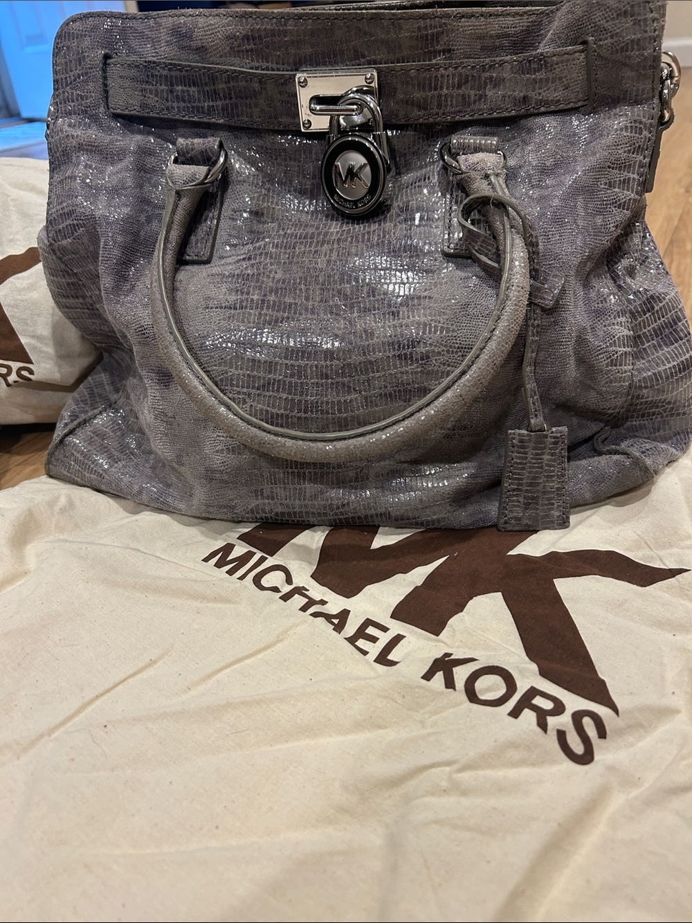 Michael Kors Shiny Croc-Embossed Gray Satchel